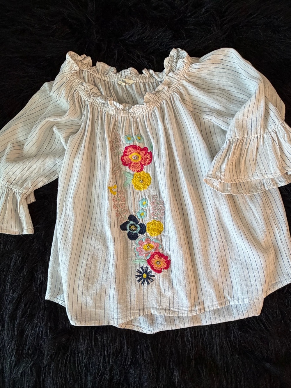 Cream Striped Off-Shoulder Top with Floral Embroidery